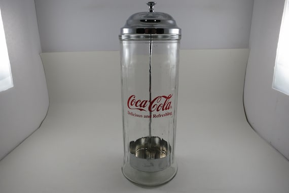 1992 Coca Cola Soda Fountain Glass & Chrome Straw Dispenser