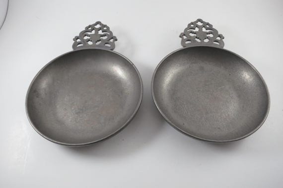 Pair of Vintage Stede Pewter Porringer Bowls with Pierced Filigrees