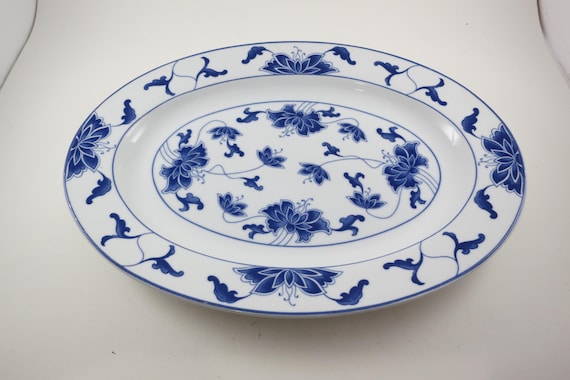 Vintage Tatung White & Blue Floral Lilly 14 Inch Oval Serving Platter