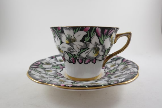 Vintage Rosina Fine Bone China Cup and Saucer Set Black Gold No 4860
