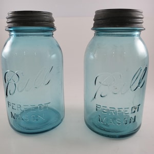 Pair of Aqua Ball Mason Jars Embossed with Zinc Lids Perfect Mason No 3 and 4