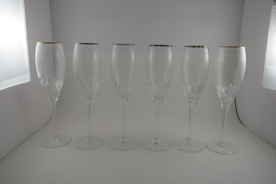 Mikasa Arctic Lights Crystal Champagne Flutes - Gold Rim, Set of 6
