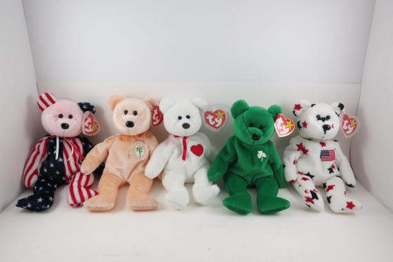 Collection of Five TY Beanie Babies Bears Glory Erin Spangle Valentino Dearest All MWMT