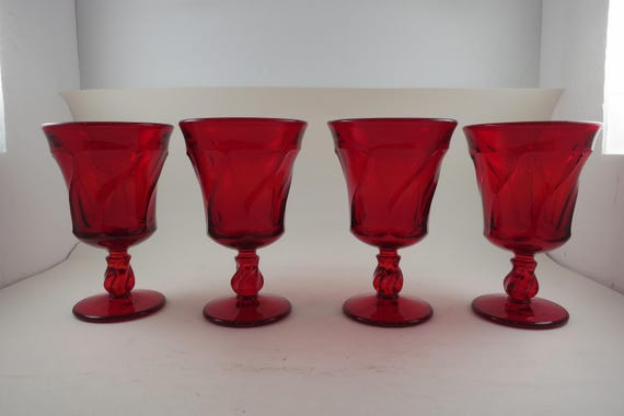 Set of Four Ruby Red Fostoria Jamestown Pedestal Water/Tea Glasses
