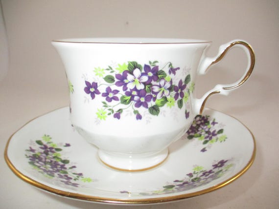Vintage Queen Anne Fine Bone China Cup and Saucer Set Purple Violets Footed Gold Trim Pristine Condition