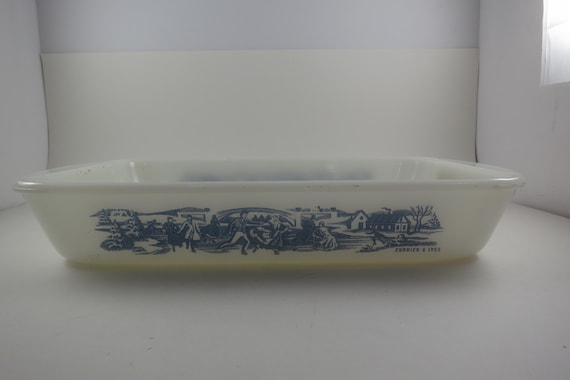 Vintage Glasbake J-263 2 1/2 Quart Milk Glass Casserole Dish Curries & Ives Pattern 13 3/4 Inches Long Excellent Condition