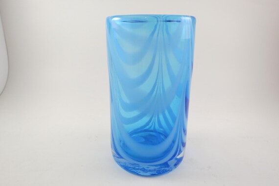 Hand Blown Murano Style Art Glass Cup Glass Blue & White Swirl Pristine Condition