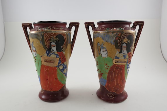 Vintage Pair of Japanese Satsuma Moriage Hand Painted Vases