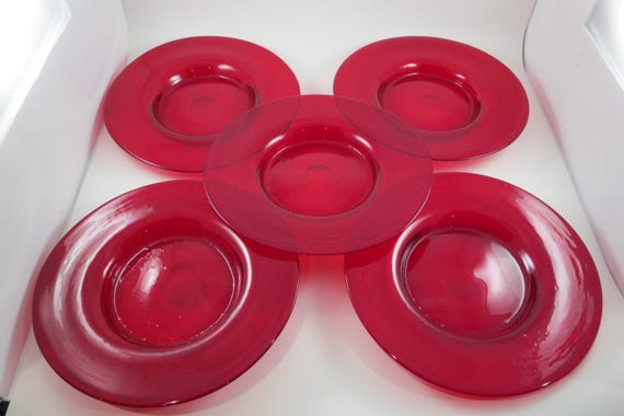Vintage Set of Five Ruby Red 9 1/2 Inch Dinner Plates Excellent Used Condition Hand Blown