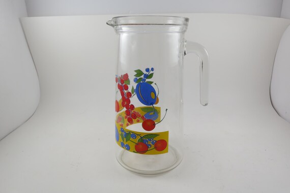 Italian Glass Water Pitcher: Hand-Painted Fruit Design