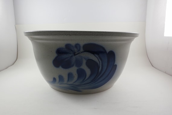 Vintage Rowe Pottery Salt Glazed Bowl: Gray Blue Floral Design (11.25 Inch)