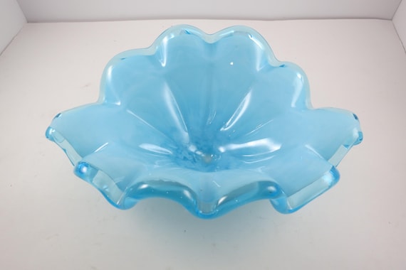 Murano Art Glass Fruit Bowl Blue Folded Murano Sticker 11 Inches Wide Beautiful Condition Display