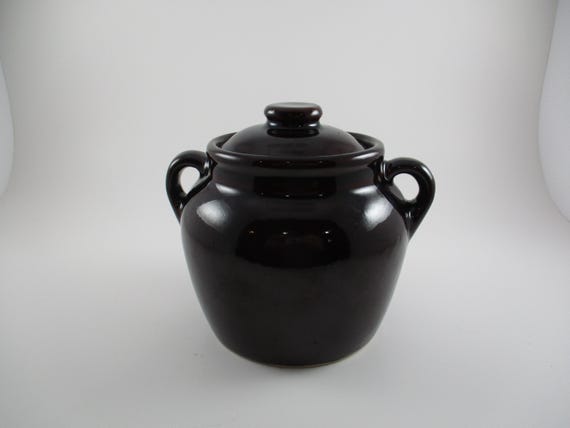 Vintage Small Saltglaze Stoneware Bean crock Pot with Original Lid Double Handled Excellent Condition