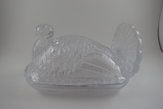 Vintage Clear Glass Turkey On Nest Butter Dish Serving 2 Piece