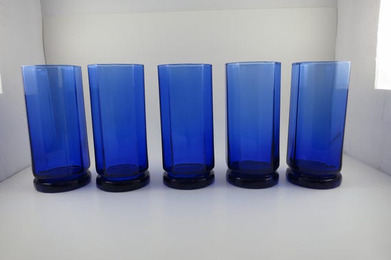 Set of 5 Vintage Libbey Dusky Blue Tall Paneled Tumbler Glasses