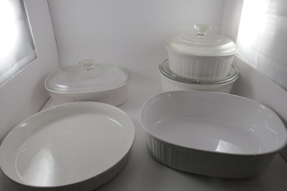 8 Piece Corning French White Baking Set Quiche Casseroles All Sizes Glass Lids