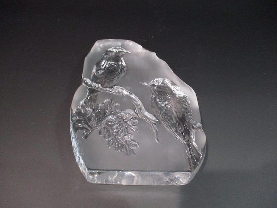 Vintage Frosted Glass Heavy Paperweight with Birds Pristine Condition