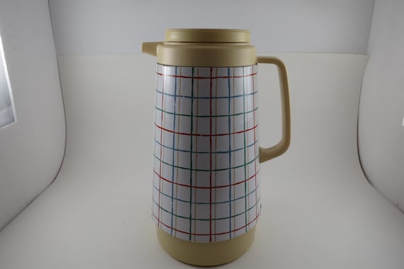 Vintage Corning Insulated Coffee Pot/Thermos White Plaid on Tan