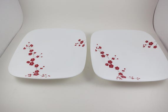 Pair of Vintage Corelle Corning Hanami Garden Red Floral 10 1/2 Inch Square Dinner Plates Excellent Used Condition