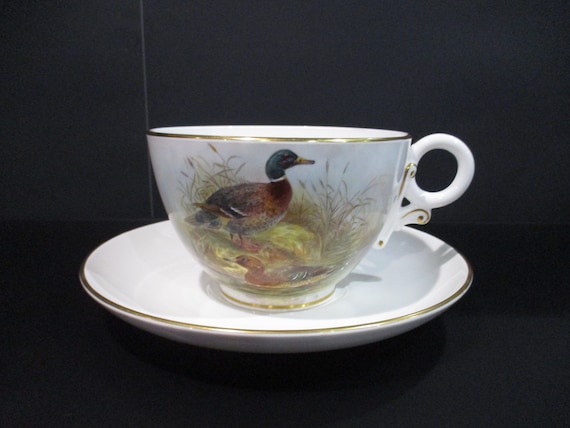 Vintage Royal Worchester Fine Bone China Mallard 2214-1 Oversized Cup and Double Handled Saucer Set Pristine Condition Free Shipping