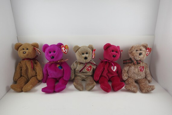 Collection of Five TY Beanie Babies Bears 02 Signature Curly Valentina Millennium 99 Signature Bear All MWMT