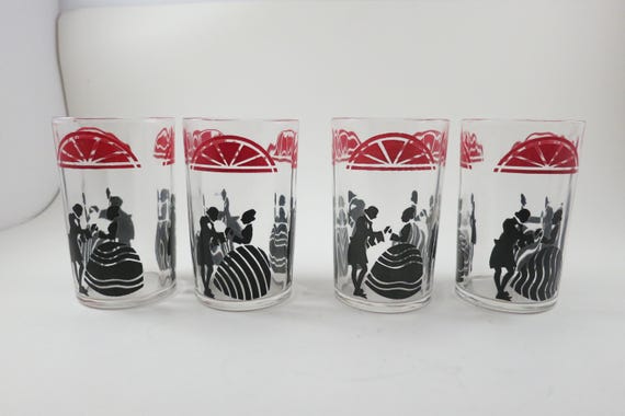 Mid-Century Modern Juice Glasses: Red & Black Paneled Set of 4