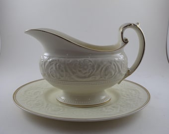 Vintage 1960's Wedgwood Patrician Athenian Gold Porcelain Gravy Boat with Tray