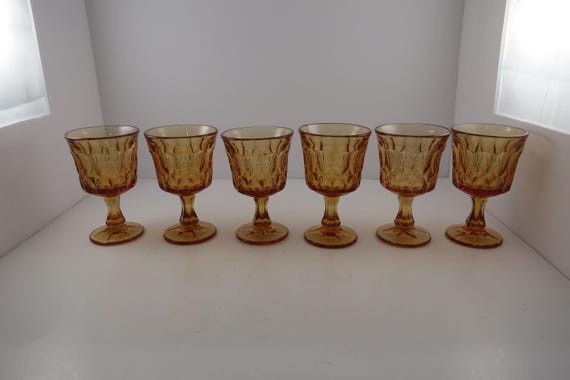 Set of Six MCM Noritake Perspective Amber Pedestal Glasses Diamond Pattern Stemmed Sherry Glasses Excellent Condition