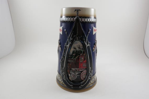 Vintage 1988 Budweiser Clydesdale Horses & Wagon Blue Stein D Handled 7 Inches Tall Pristine Condition