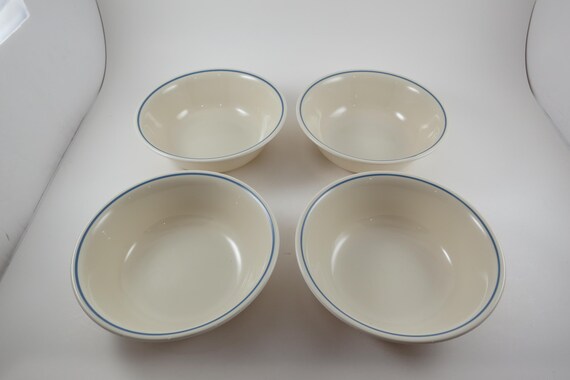 Set of Four Vintage 6 1/8 Inch Fruit Bowls Vitrelle Medium Blue Stripe Corelle by Corning Excellent Condition