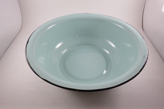 Vintage Blue Green Enamel Bowl with Black Rim (12 1/2 Inch)