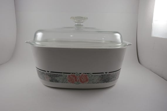 Vintage Corning Ware Dutch Oven: 5 Quart Silk & Roses Pattern with Original Glass Lid