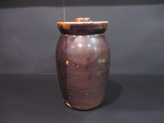 Early Century Salt Glaze Mini Churn Like Pottery Crock Brown Excellent Condition with Original Lid Free Shipping