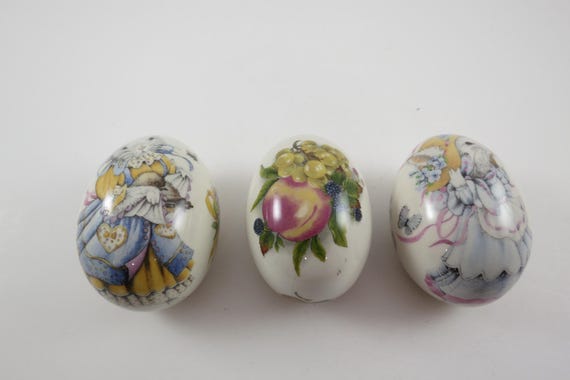 Three Vintage Hand Painted Porcelain Eggs by The Egg Lady 1990's All Different Pristine Condition