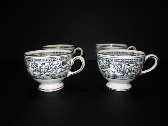 Vintage Wedgwood Bone China Florentine W4312 Pattern Set of Four Footed Tea Cups Excellent Condition