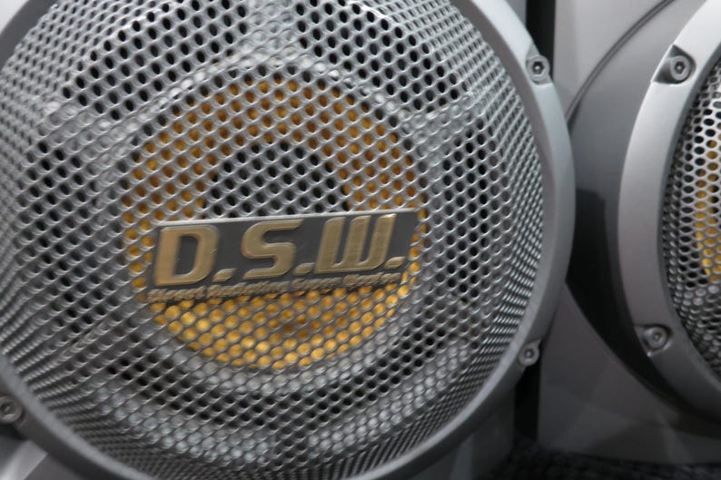 May include: Close-up of two silver speaker grills with a perforated design. The speakers have a gold-colored center and a silver frame. The logo "D.S.W." is visible on the speaker.