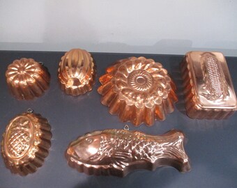 Six Piece Vintage Copper Jello Mold Wall Decor Set Fish Pineapple Corn Husk Melon Bundt Pan Gumdrop Excellent Condition Free Shipping