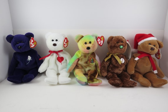 Collection of Five TY Beanie Babies Bears Princess Valentino Peace Champion Brazil 97 Holiday Teddy All MWMT