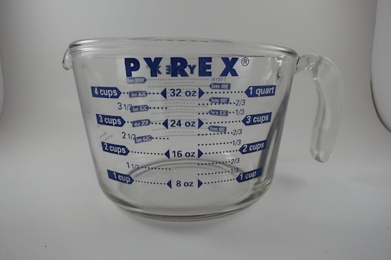 Vintage Pyrex Glass Measuring Cup, 4 Cup Blue Lettering, USA