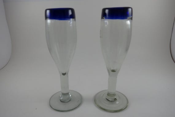 Pair of Hand Blown Cobalt Blue Rim Wine Glasses 7 Inch