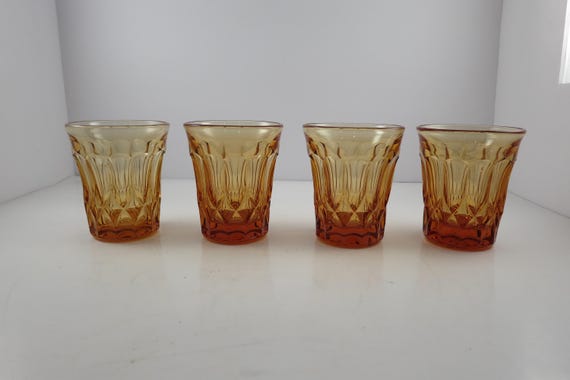 Set of Four MCM Noritake Perspective Amber Tumblers Diamond Pattern Whiskey Glasses Excellent Condition