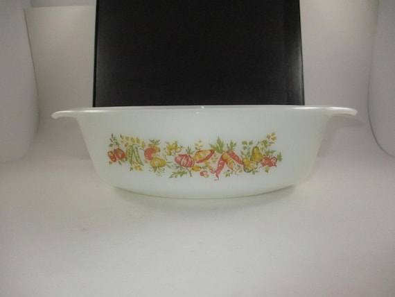 Vintage Fire King Autumn Fall Vegetable Pattern 433 1.5 Quart Oval Casserole Double Handled Excellent Condition