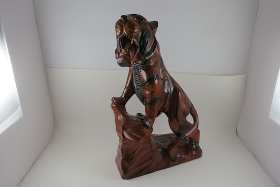 Vintage Hand Carved Wooden Roaring Tiger Figure: Amber Eyes, Asian Decor