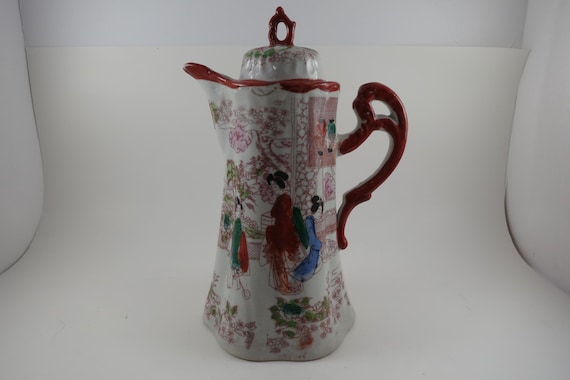 Early Century Japanese Geisha Girls Porcelain Chocolate Pot 10 Inches