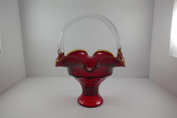 Ruby Red Ruffled Glass Vase: Mid-Century Modern Home Decor