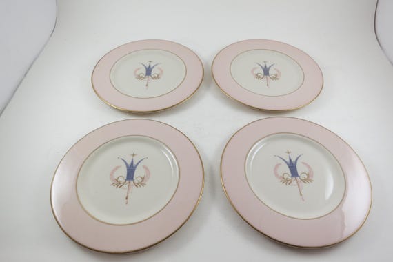 Set of 4 Vintage 1950's MCM Royal Splendor Fine Arts China Bread Plates 6 3/8 Inches Pink & Cream Gold Trim Feathers Crown Center Like New