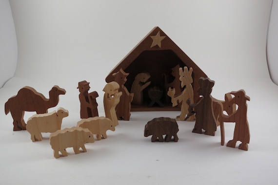 Vintage Christmas Nativity Set Small Wooden Carved 16 Piece Set