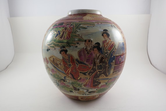 Satsuma Chinese Porcelain Hand Painted Jar/Vase On the Water Scene 7 1/2 Inches Tall