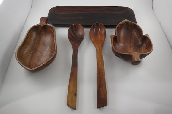 Vintage Monkey Pod Wood Set of 5 Pieces Spoons Nut Shaped Dish Long Tray