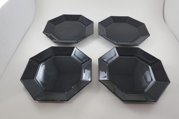 Arcoroc France Octime Black Glass Salad Plates - 1980s Octagon Salad/Soup Set of 4